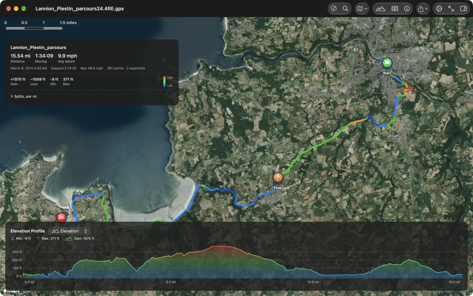 GPX Explore on the Mac: a 15.5-mile ride along the Brittany coast from Lannion to Plestin on the satellite map, coloured by grade, with the route card and the elevation profile