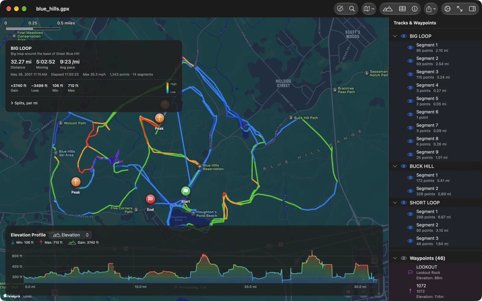 The Tracks & Waypoints list on the Mac beside the map: three tracks with their segments, and 46 waypoints