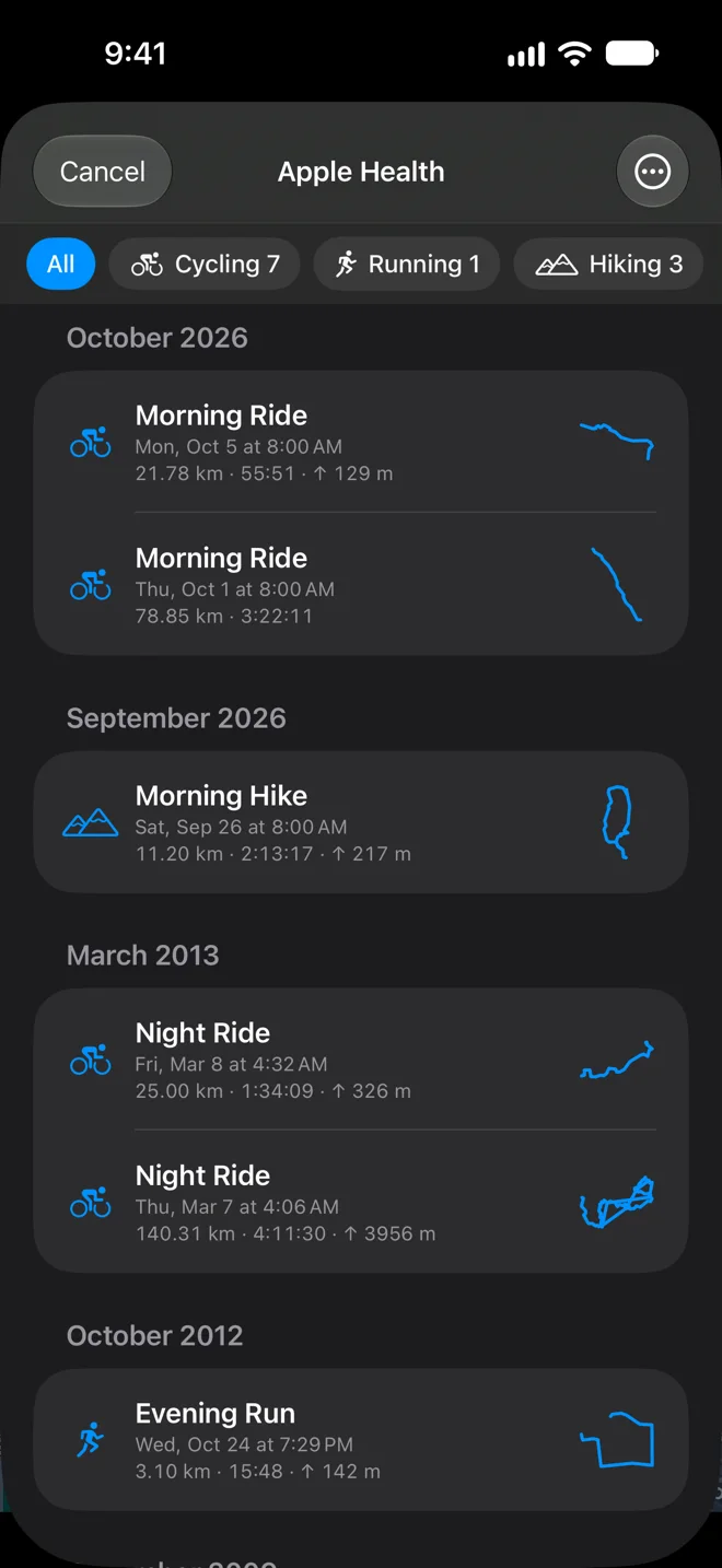 The Apple Health list in GPX Explore: workouts by month, each with its activity, date, distance, time, climb and the outline of its route, and the Cycling, Running and Hiking filters