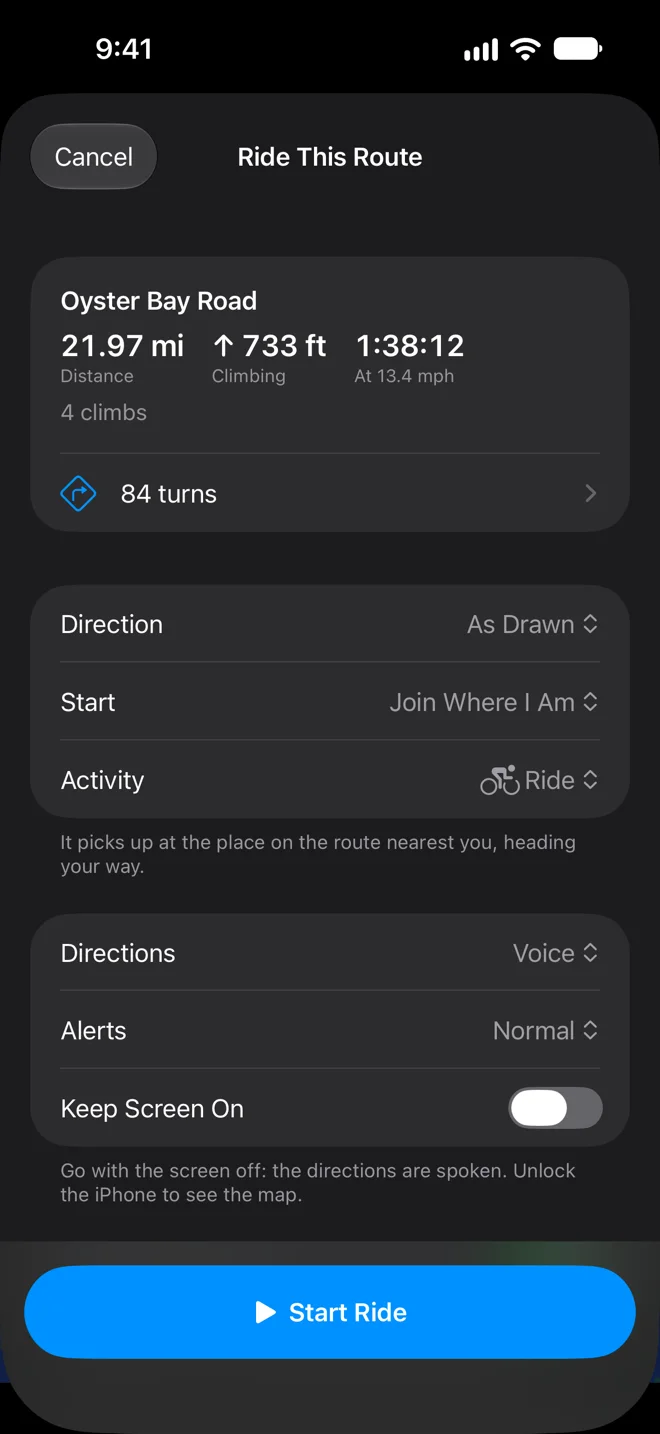The Ride This Route sheet on iPhone for a 22-mile ride: distance, climbing, time at your pace, 4 climbs and 84 turns, and the Direction, Start (Join Where I Am), Activity, Directions, Alerts and Keep Screen On settings