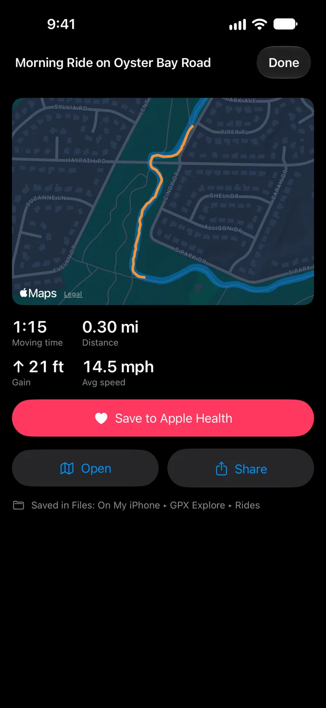 The summary of a recorded ride on iPhone: Morning Ride on Oyster Bay Road drawn in orange over the route, moving time, distance, gain and average speed, Save to Apple Health, Open and Share