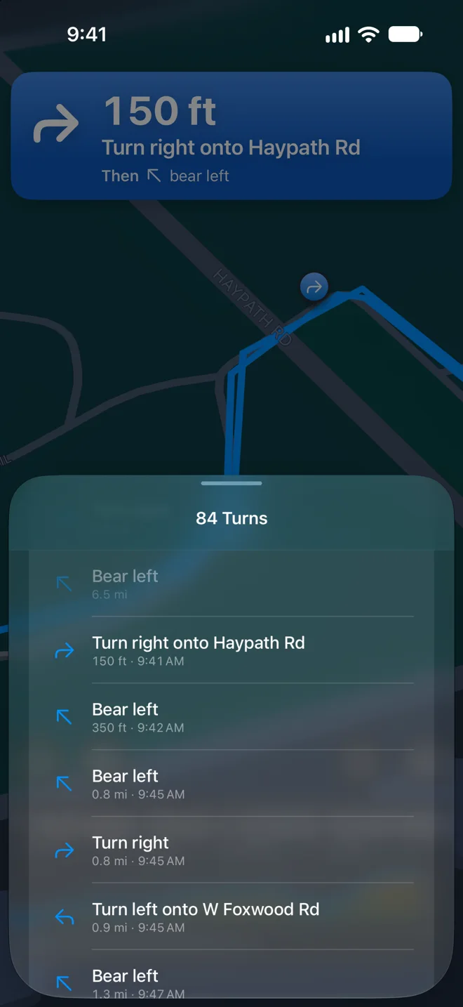 The turn list during a ride on iPhone: Turn right onto Haypath Rd, Turn left onto W Foxwood Rd and the rest, each with its distance from you and the time you will reach it