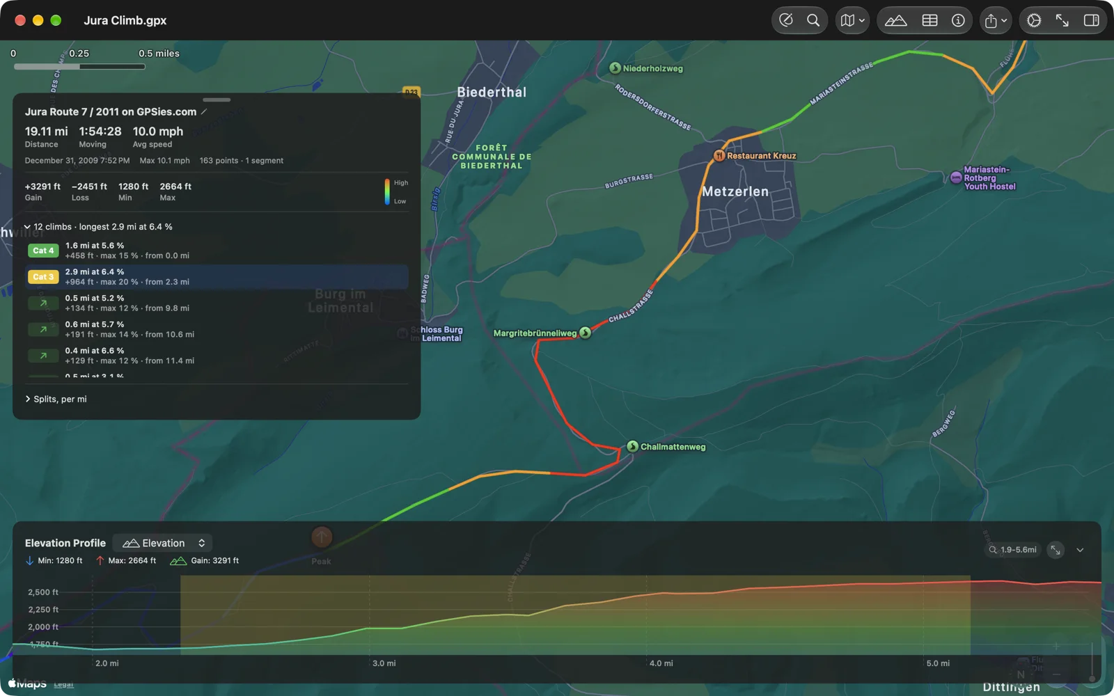 GPX Explore on the Mac: 19 miles of the Jura with its 12 climbs listed on the route card, the longest, a Category 3, picked and shaded on the elevation chart