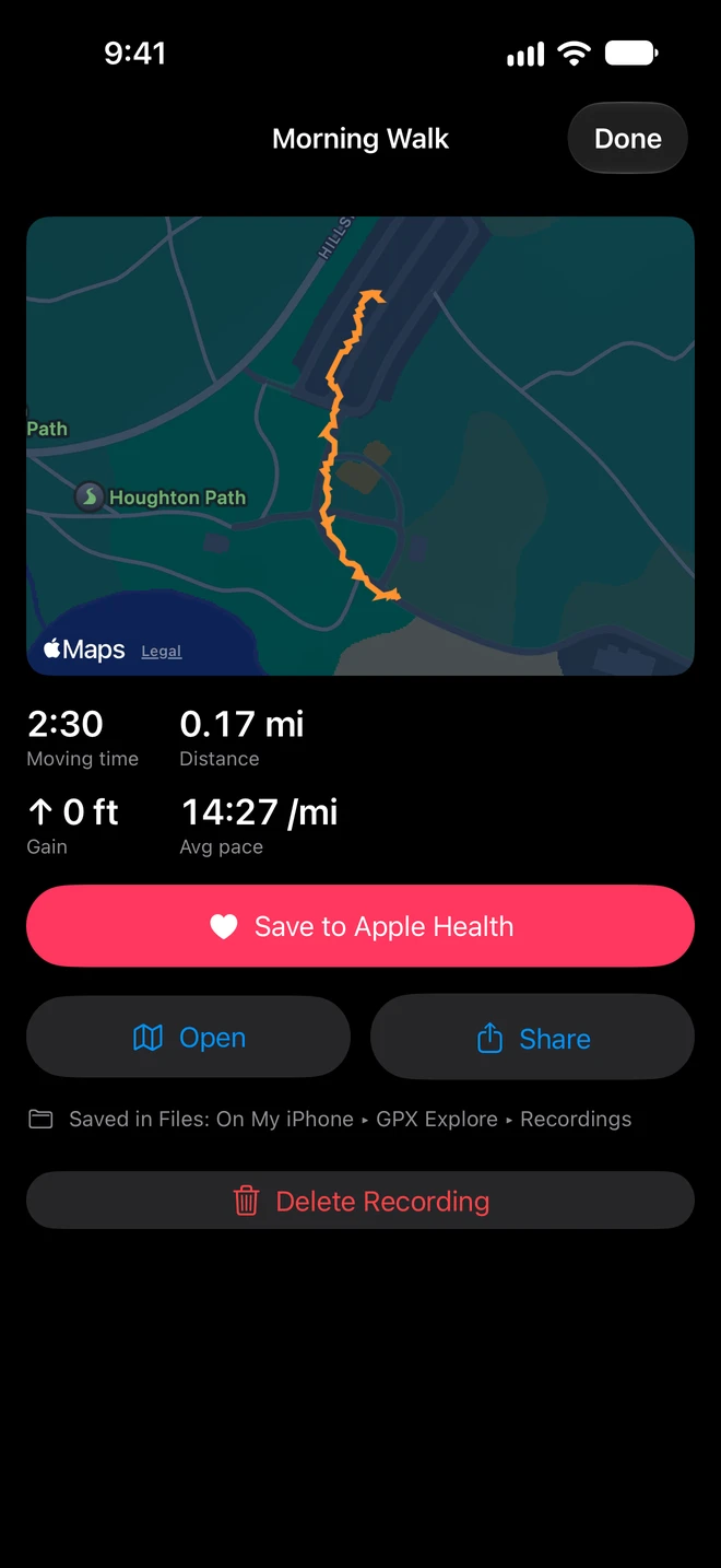 The summary of a recorded walk on iPhone: Morning Walk drawn in orange on the map, 2:30 moving time, 0.17 mi, 0 ft gain and 14:27 /mi average pace, Save to Apple Health, Open and Share, Saved in Files: On My iPhone ▸ GPX Explore ▸ Recordings, and Delete Recording