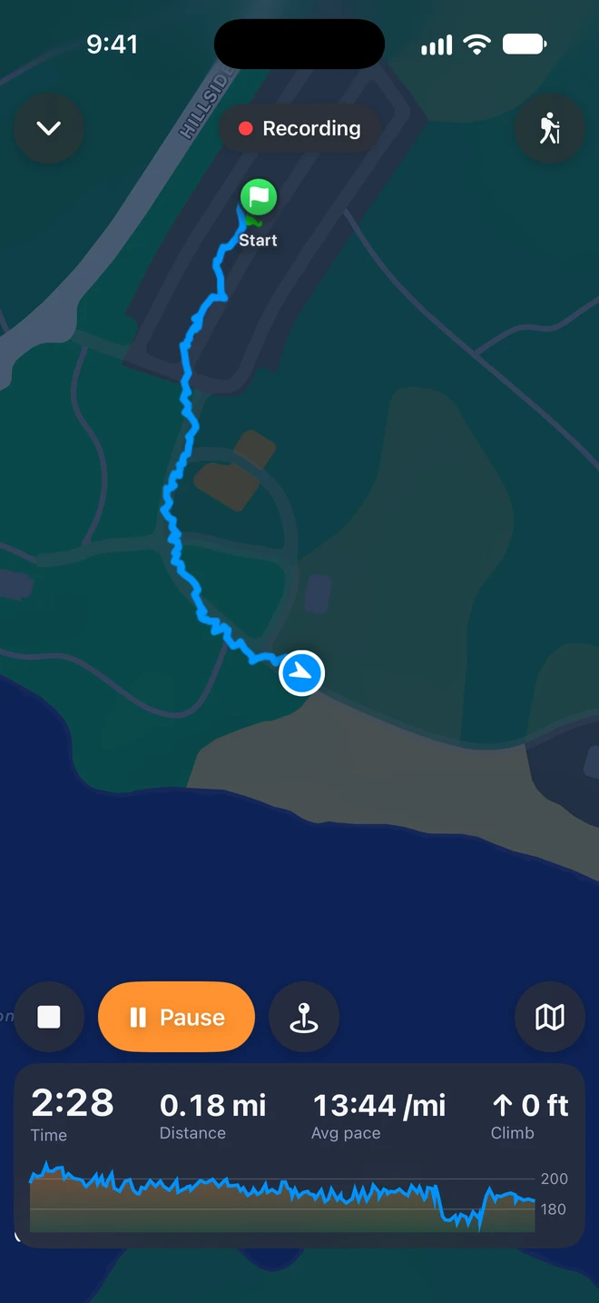 Recording a hike on iPhone: Recording with a red dot at the top, the track so far on the map from the start flag to the arrow where you are, the End, Pause, waypoint pin and Overview buttons, and the panel with 2:28, 0.18 mi, 13:44 /mi average pace, 0 ft climb and the profile so far