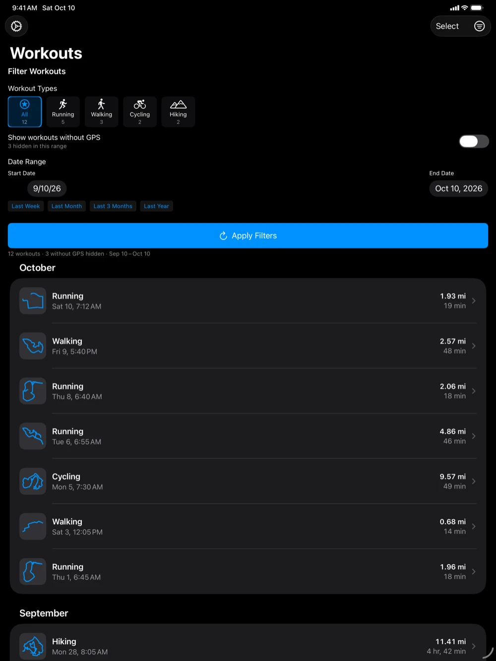 The filters open on iPad above the Workouts list