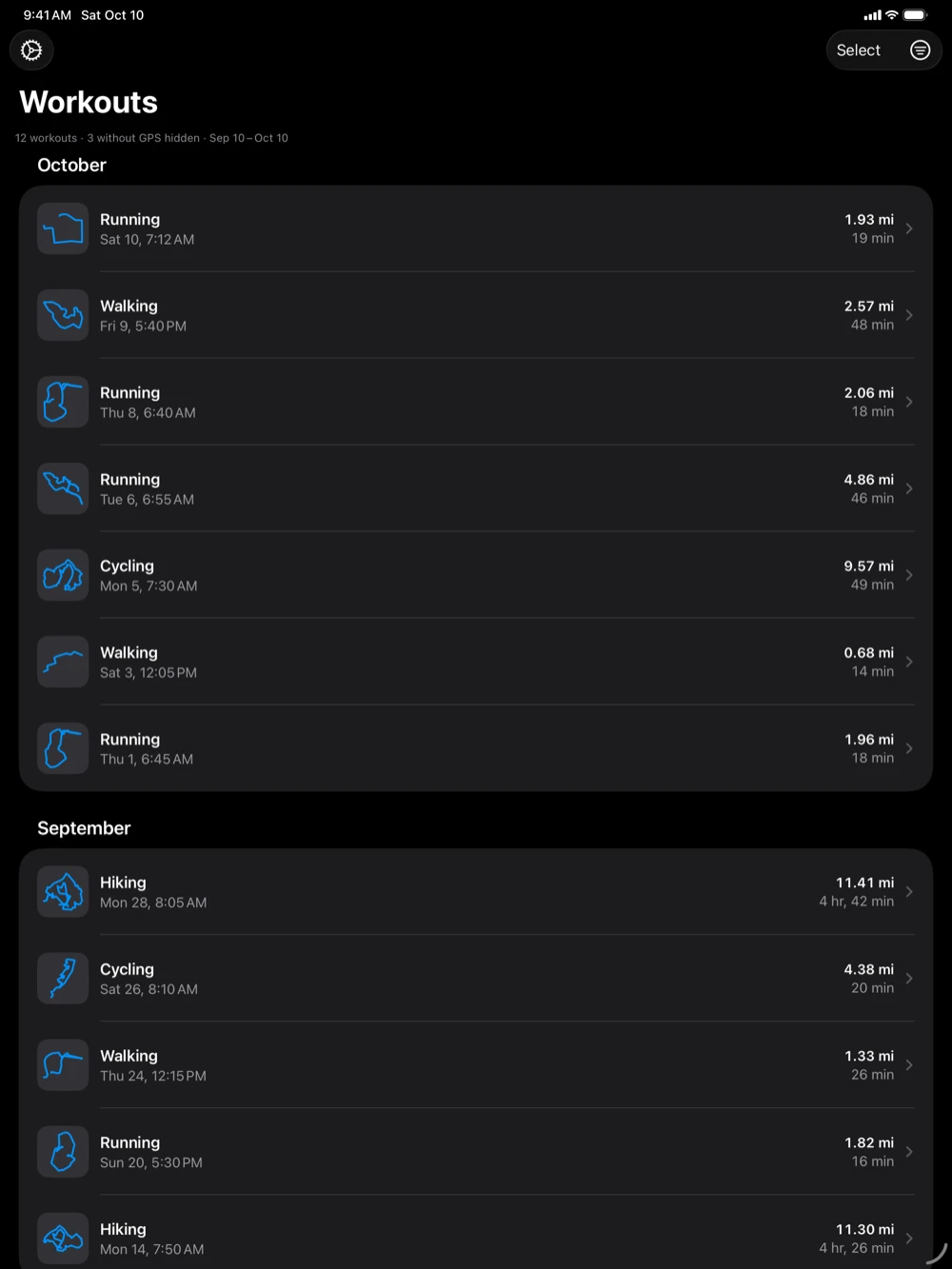The Workouts list on iPad, at full width