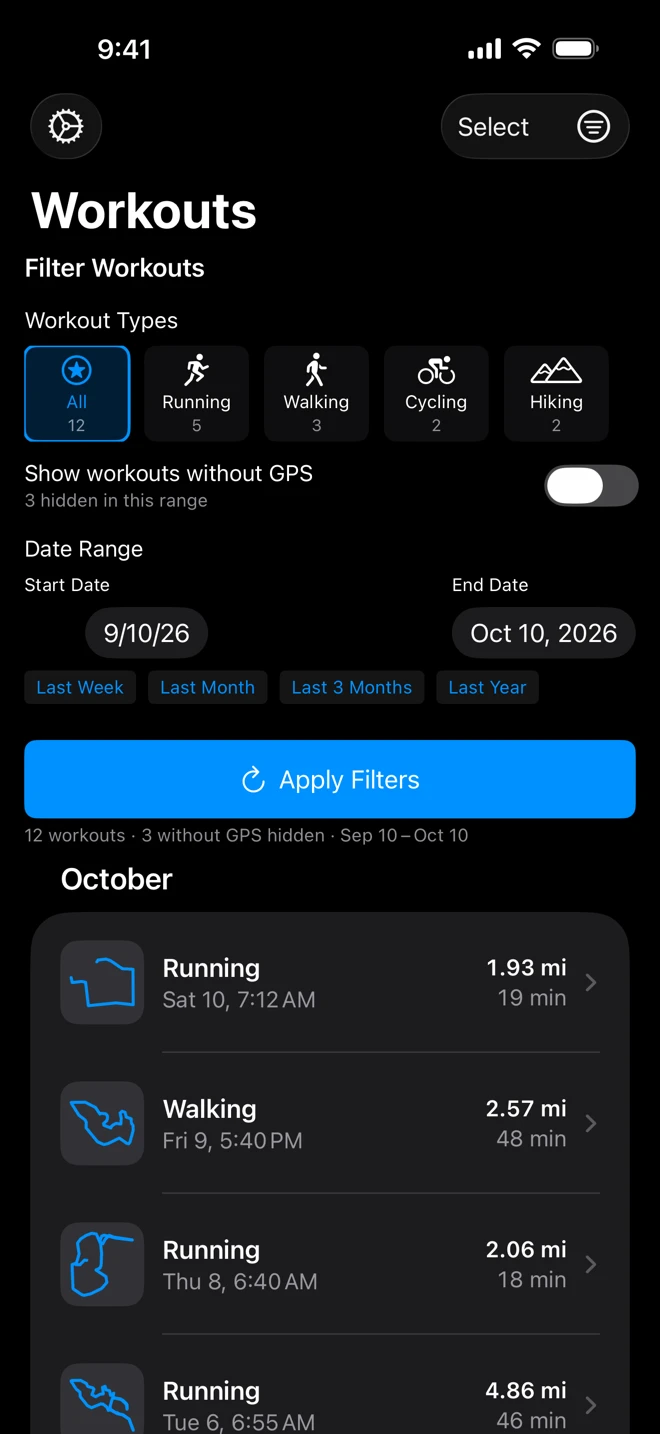 The filters open on iPhone: Workout Types chips with counts, the Show workouts without GPS switch, Start Date and End Date, the quick ranges and Apply Filters