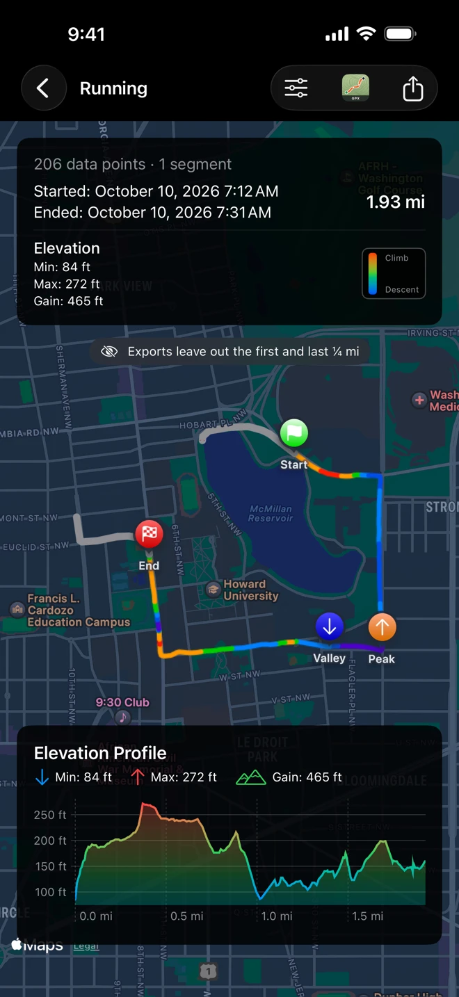 A run on iPhone with its first and last quarter mile drawn in gray and a note under the route card: Exports leave out the first and last ¼ mi