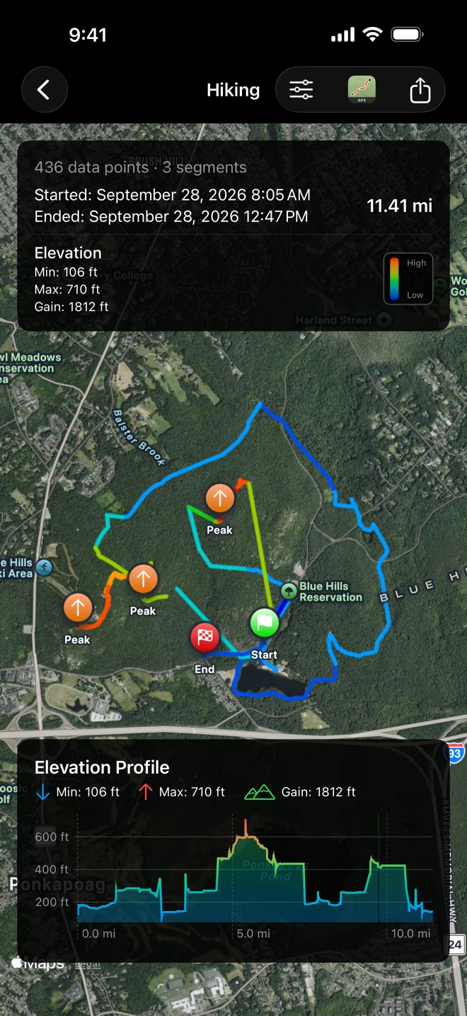 The same hike on the hybrid map, colored by elevation from blue at its lowest to red at its highest