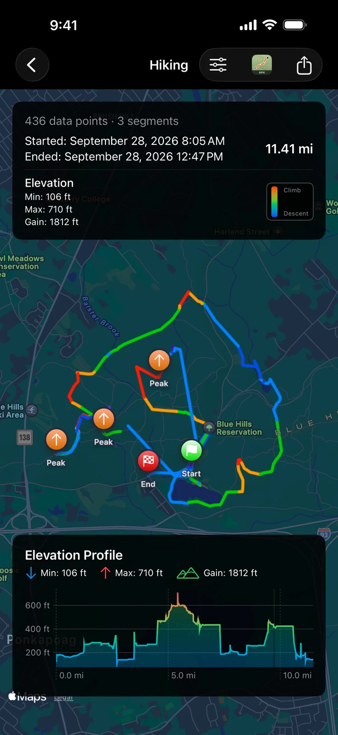 A hike in the Blue Hills on iPhone, colored by grade, with the route card at the top and the elevation profile at the bottom