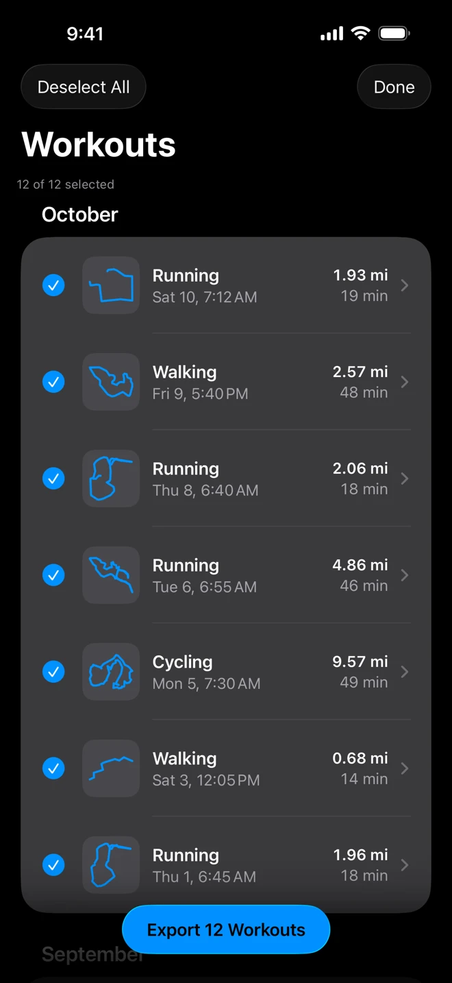 The Workouts list in Select mode: every row ticked, Deselect All and Done at the top, the line reading 12 of 12 selected, and the Export 12 Workouts button at the bottom