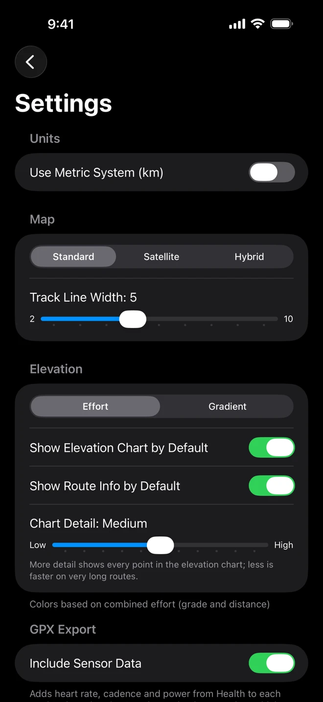 WorkoutGPX's Settings on iPhone: Units, Map with Map Style and Track Line Width, and Elevation with Route Coloring, the two default switches and Chart Detail