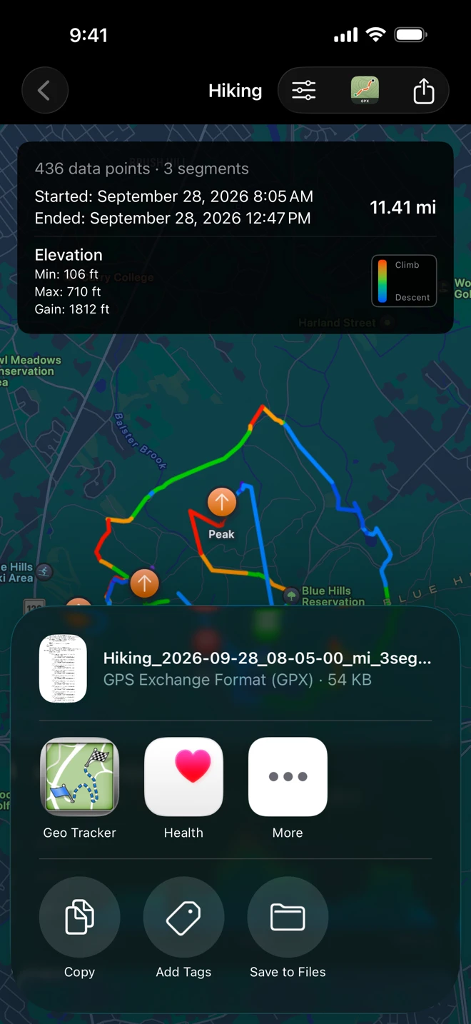 The share sheet over a hike on iPhone, carrying Hiking_2026-09-28_08-05-00_mi_3segments.gpx, with Save to Files at the bottom