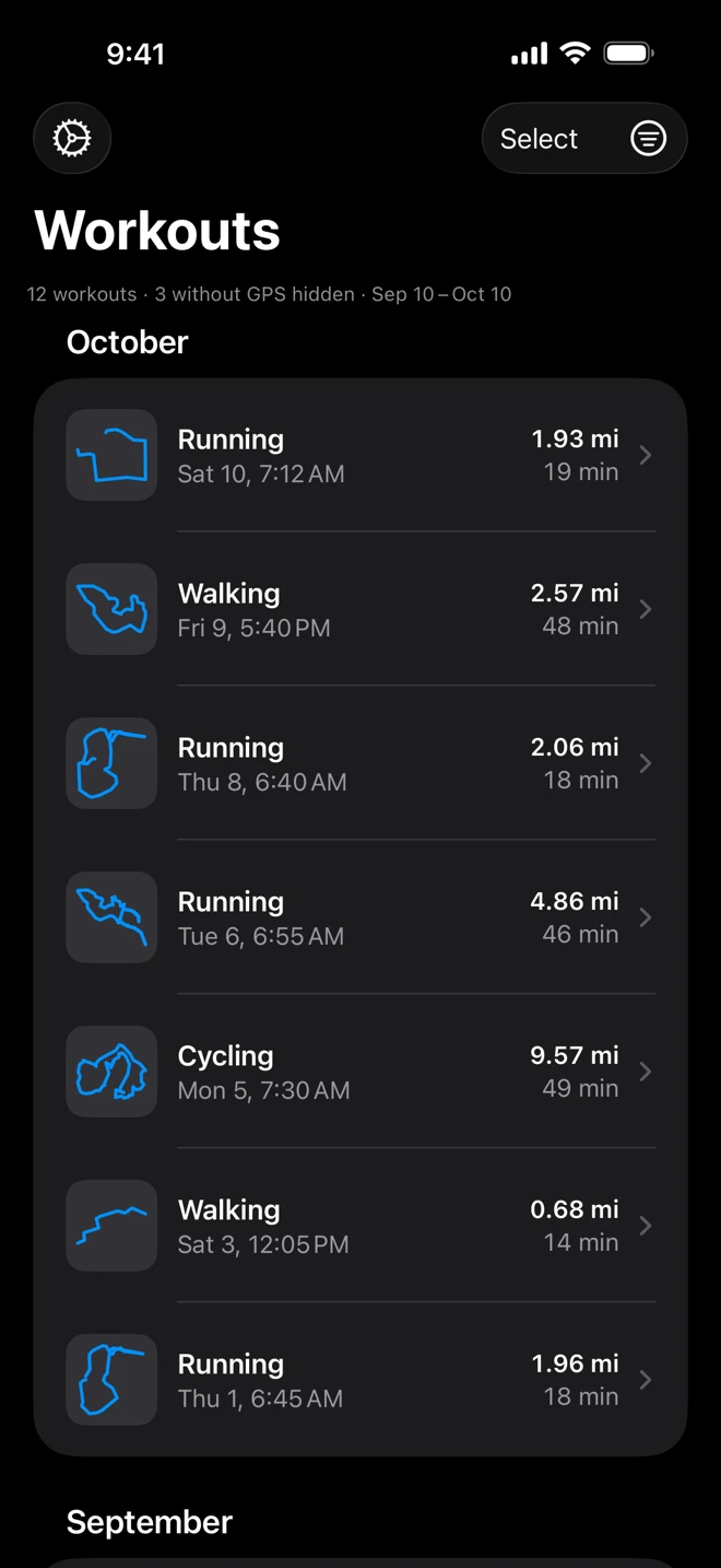 The Workouts list on iPhone: rows grouped by month, each with the outline of its route, the day and time, the distance and the duration