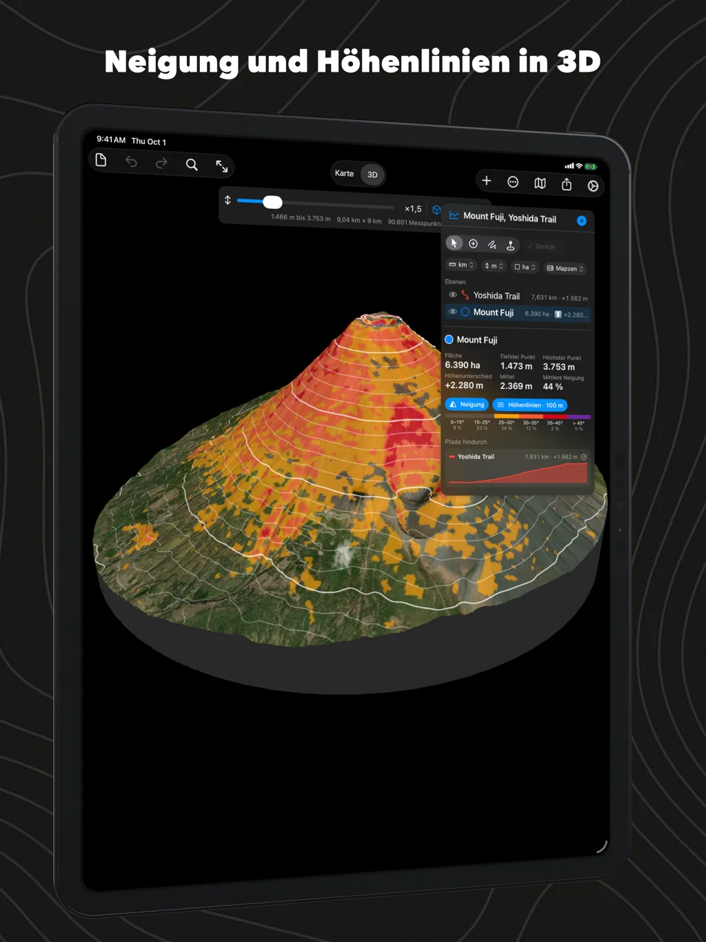 Geo Elevation auf dem iPad: der Fuji in 3D, nach Neigung eingefärbt