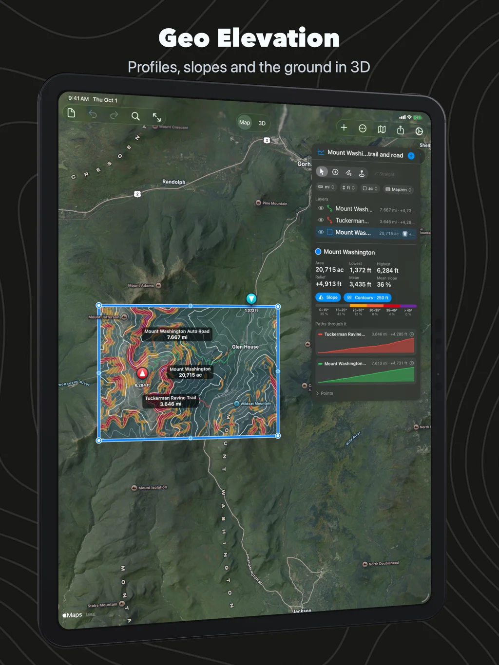 Geo Elevation on iPad: the Mount Washington area with slope, contours and two trails