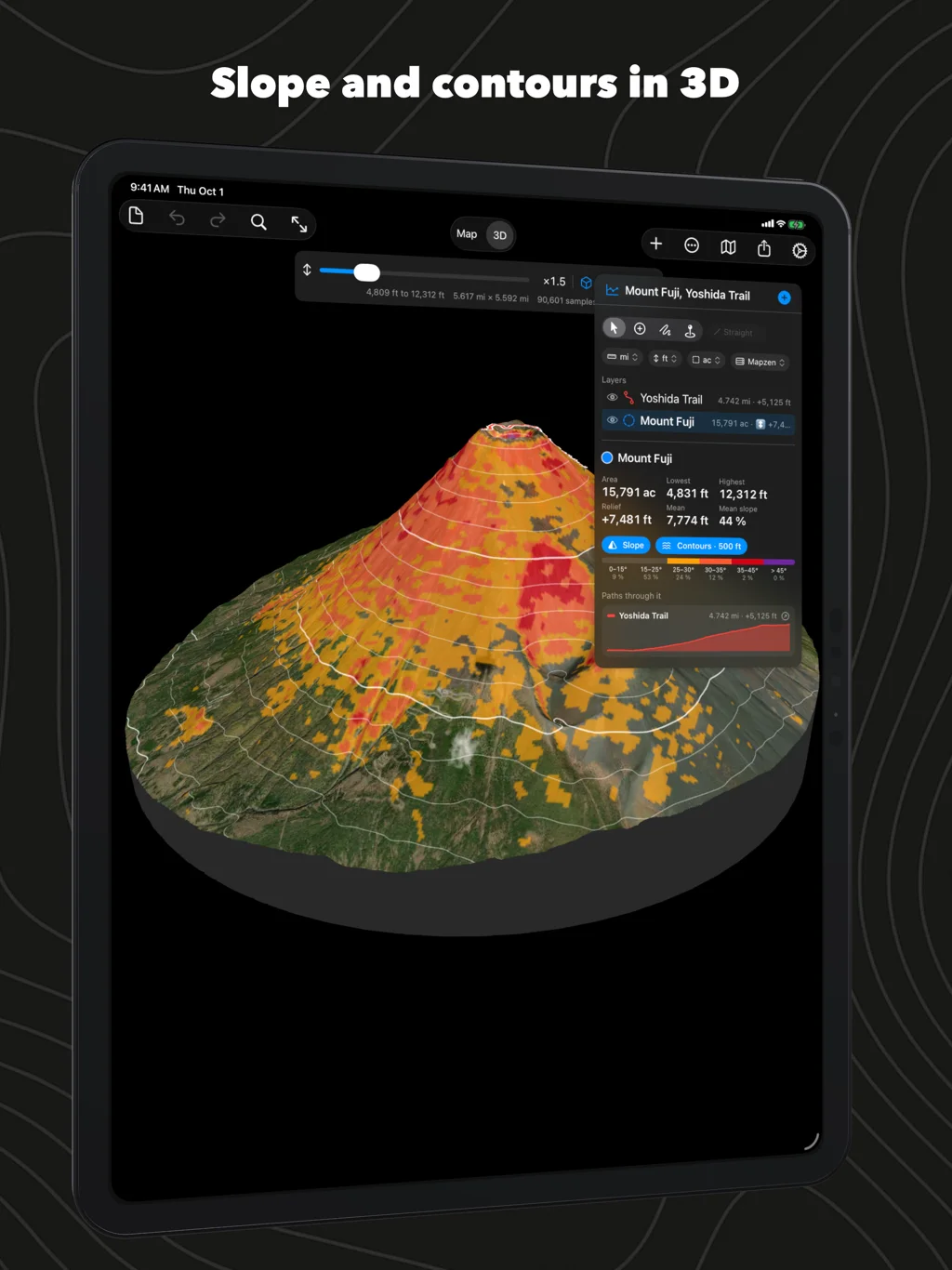 Geo Elevation on iPad: Mount Fuji in 3D coloured by slope