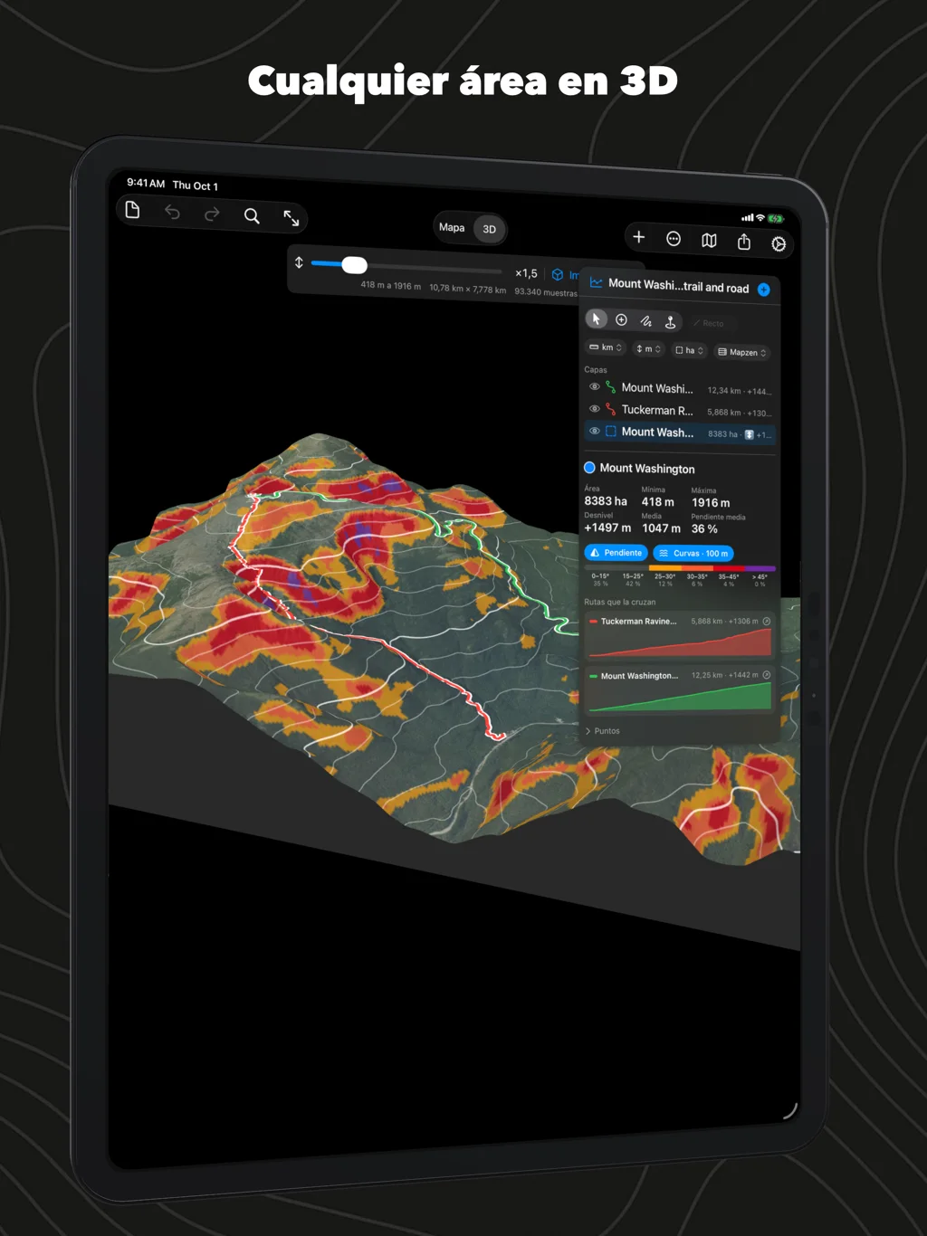 Geo Elevation en iPad: el área del monte Washington en 3D