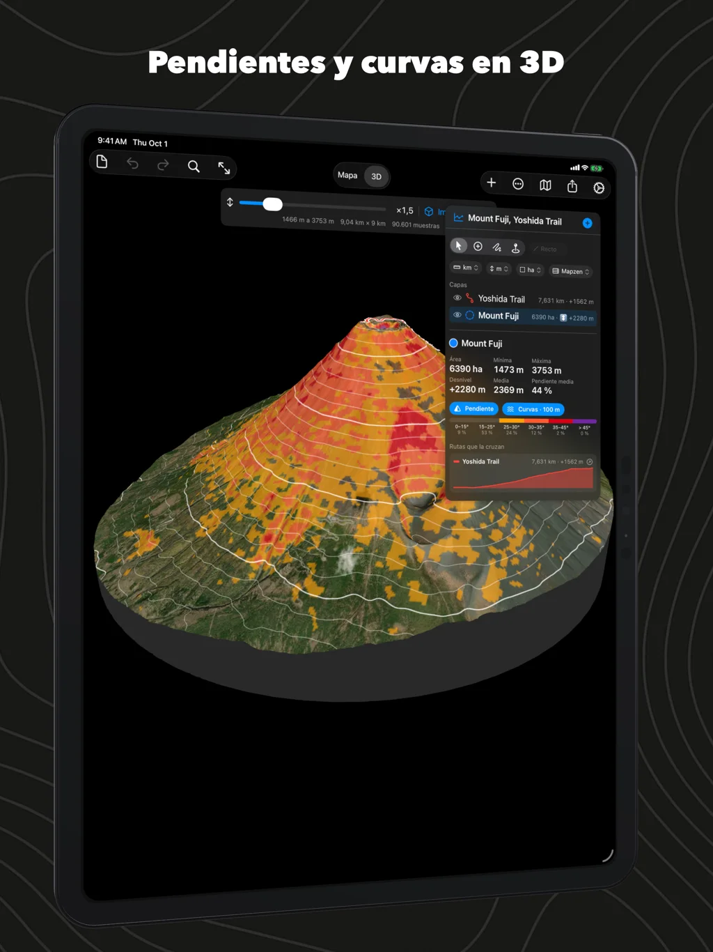 Geo Elevation en iPad: el monte Fuji en 3D coloreado por pendiente