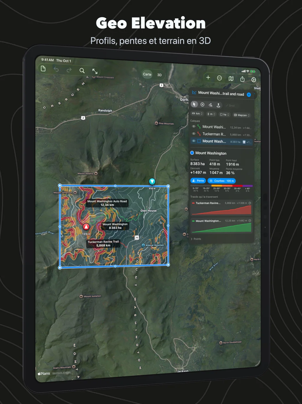 Geo Elevation sur iPad : la surface du mont Washington avec pentes, courbes et deux sentiers