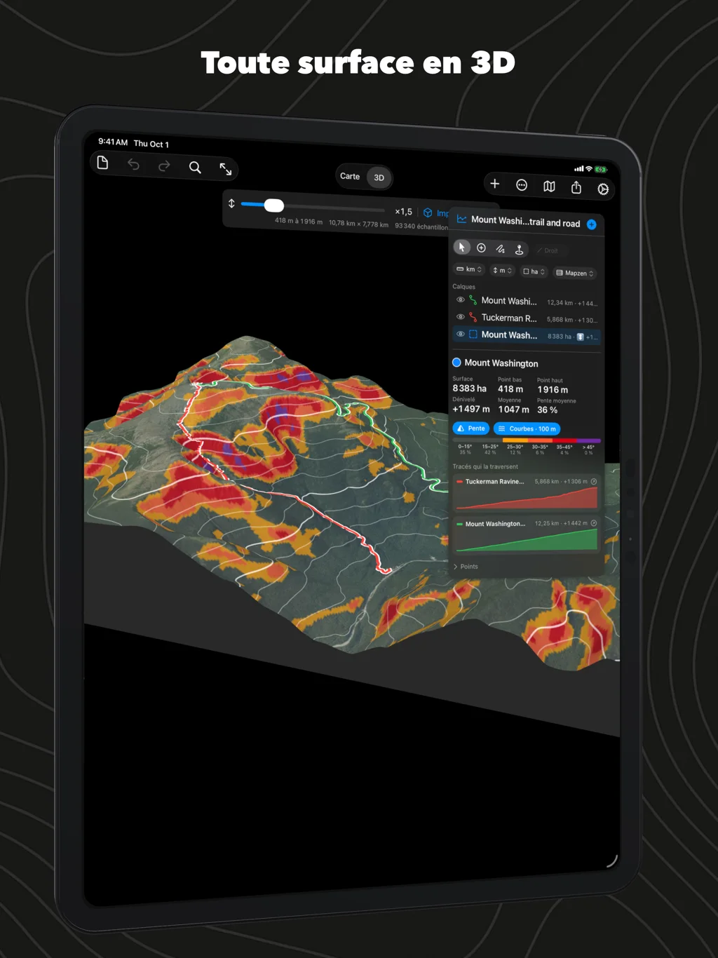 Geo Elevation sur iPad : la surface du mont Washington en 3D