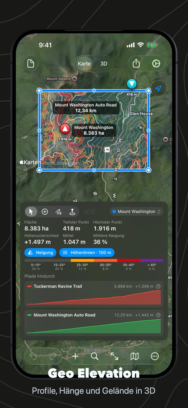 Geo Elevation auf dem iPhone: die Fläche um den Mount Washington mit Neigung und Höhenlinien, ihren Werten und zwei Wegprofilen