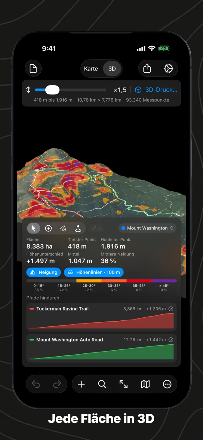 Geo Elevation auf dem iPhone: die Fläche um den Mount Washington in 3D mit Neigung und Höhenlinien
