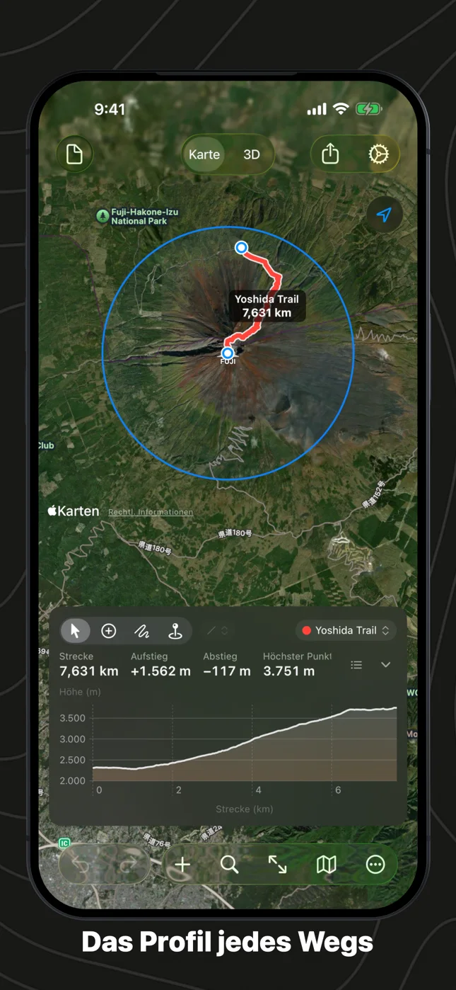 Geo Elevation auf dem iPhone: der Yoshida-Weg auf den Fuji mit seinem Höhenprofil