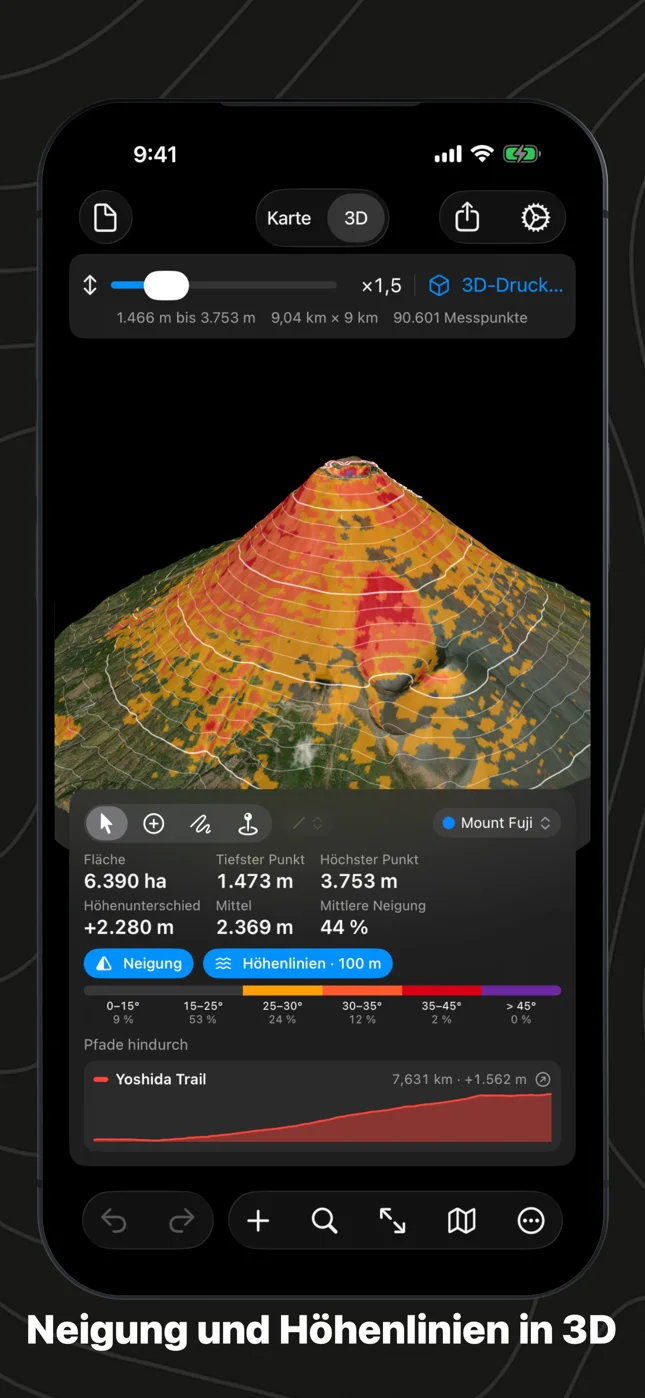 Geo Elevation auf dem iPhone: der Fuji in 3D, nach Neigung eingefärbt