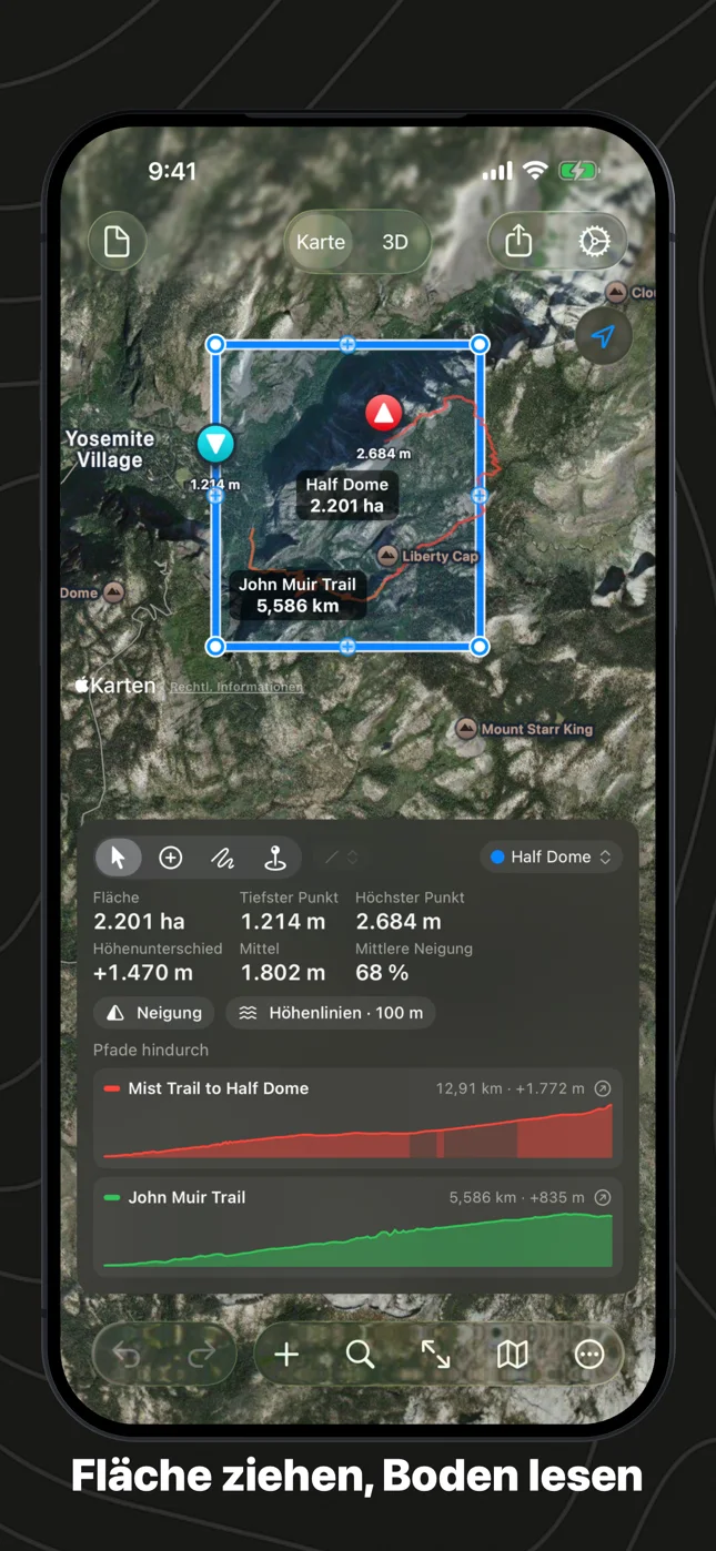 Geo Elevation auf dem iPhone: die Fläche um den Half Dome mit zwei Wegen