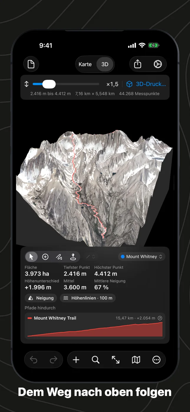 Geo Elevation auf dem iPhone: der Mount Whitney in 3D von Osten