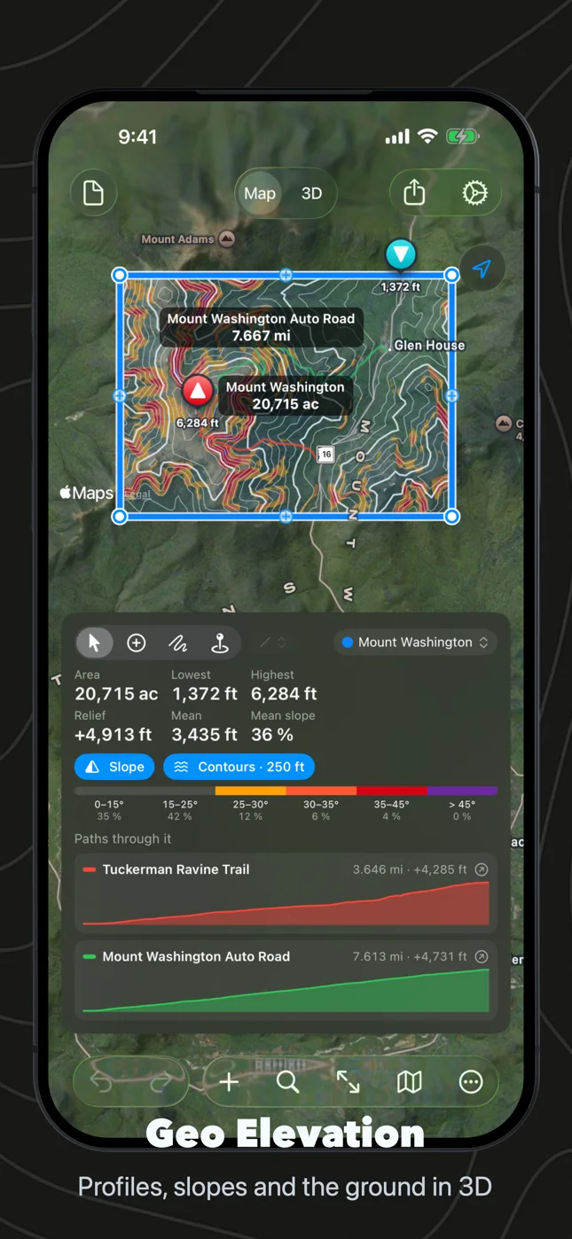 Geo Elevation on iPhone: the Mount Washington area with slope and contours, its numbers and two trail profiles