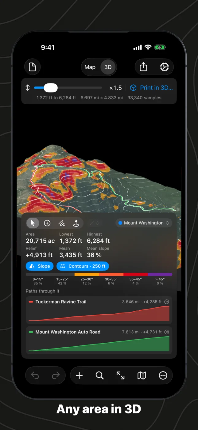 Geo Elevation on iPhone: the Mount Washington area in 3D with slope and contours