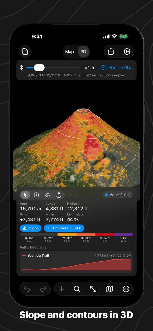 Geo Elevation on iPhone: Mount Fuji in 3D coloured by slope