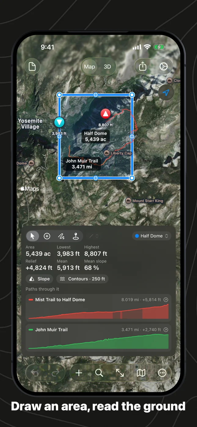 Geo Elevation on iPhone: the Half Dome area with two trails crossing it