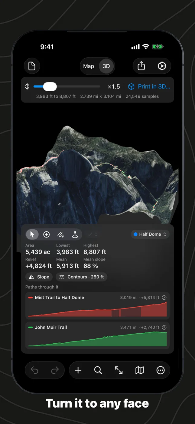 Geo Elevation on iPhone: Half Dome in 3D from the north-west