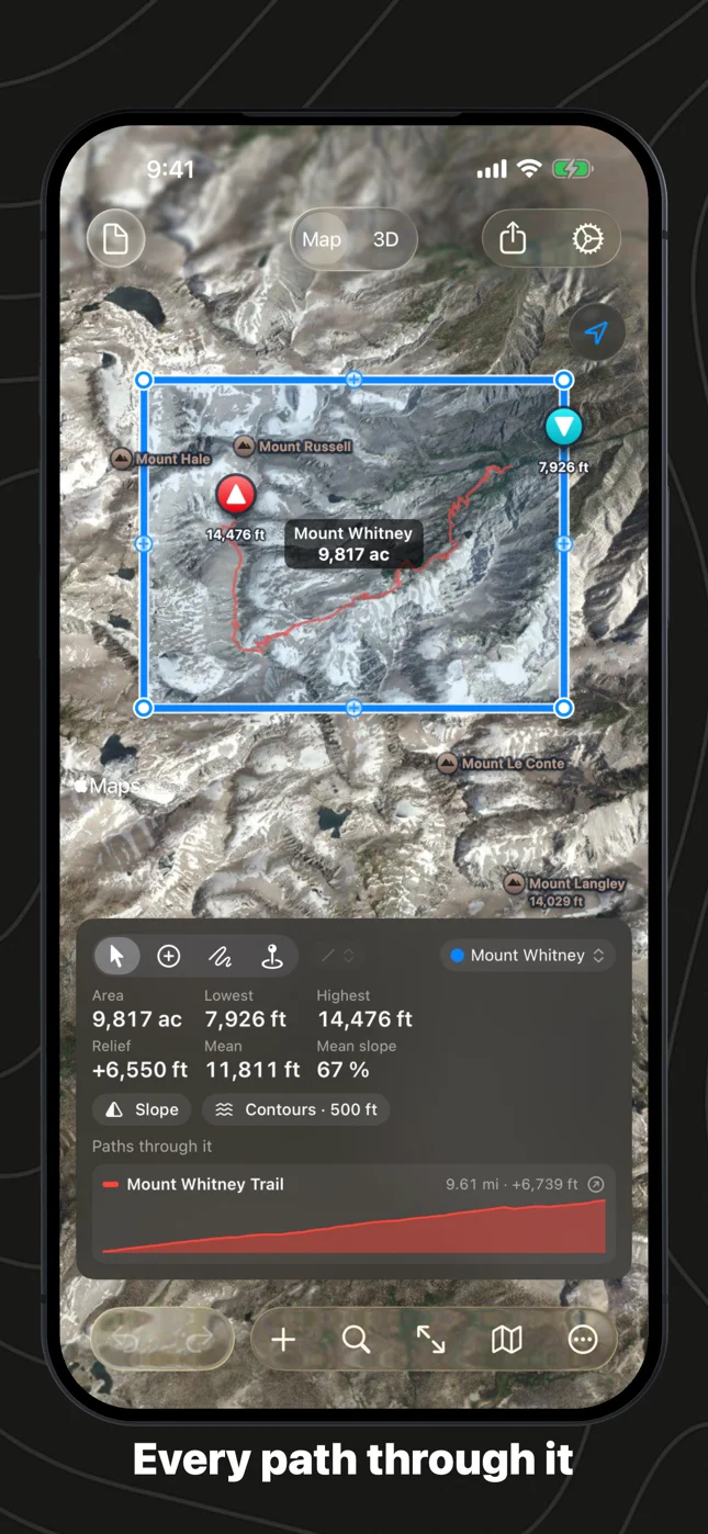 Geo Elevation on iPhone: the Mount Whitney area with its trail