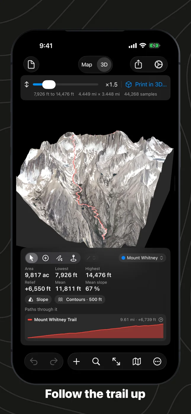 Geo Elevation on iPhone: Mount Whitney in 3D from the east