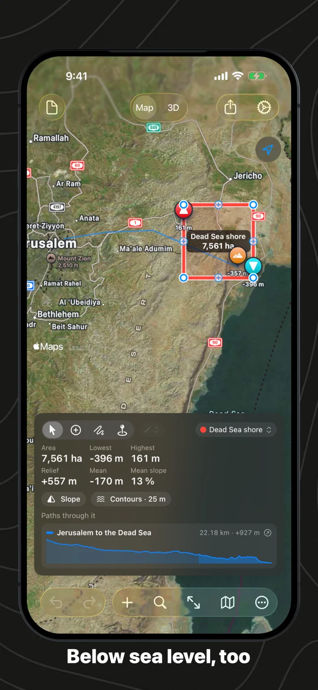 Geo Elevation on iPhone: Jerusalem to the Dead Sea, the shore 396 metres below sea level