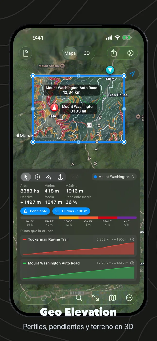 Geo Elevation en iPhone: el área del monte Washington con pendientes y curvas, sus cifras y dos perfiles de sendero
