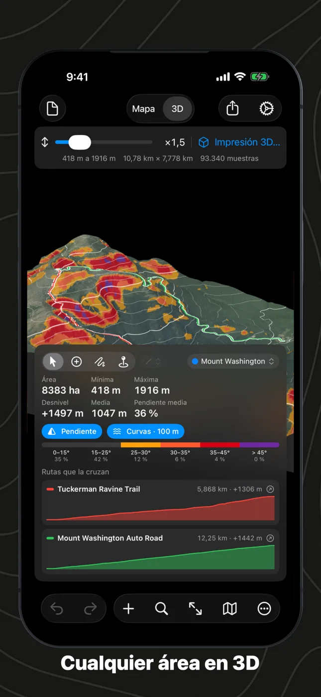 Geo Elevation en iPhone: el área del monte Washington en 3D con pendientes y curvas