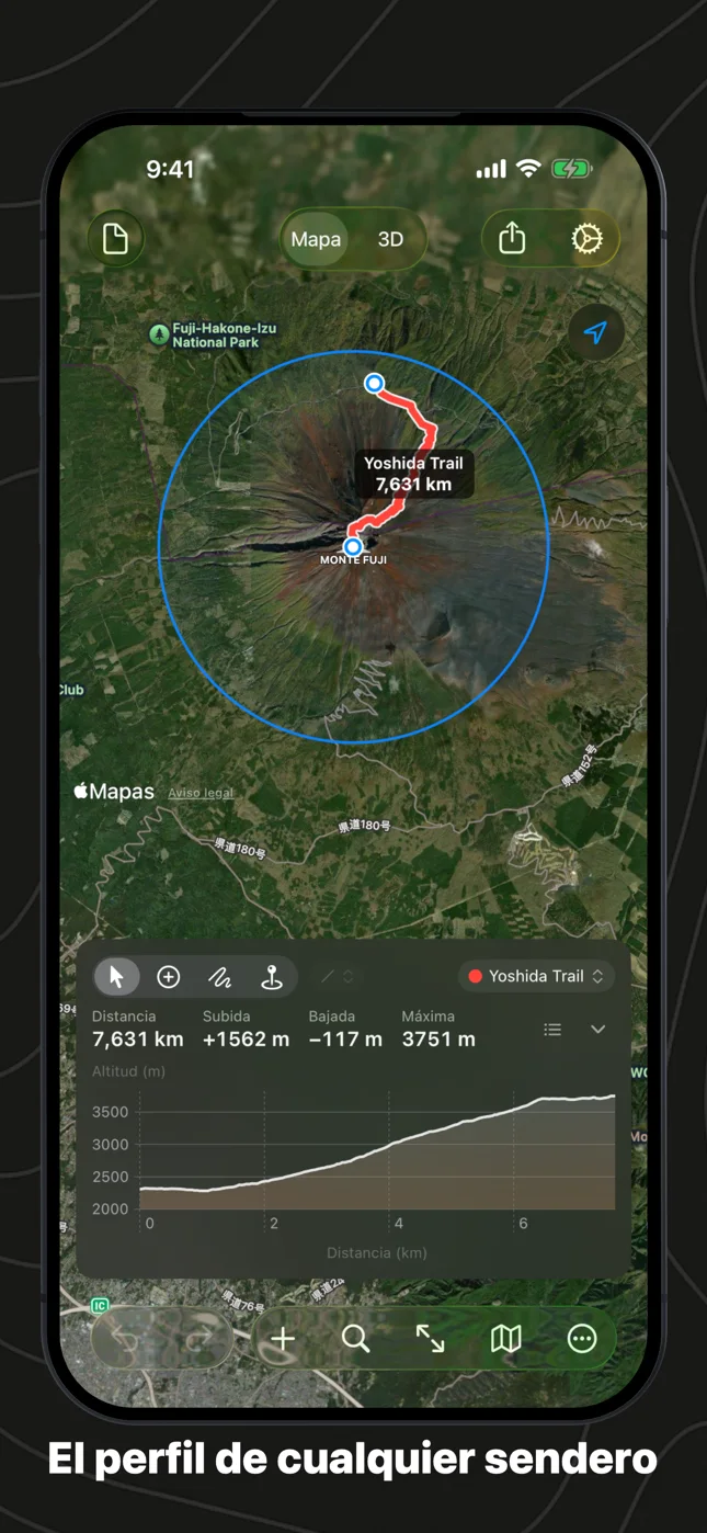 Geo Elevation en iPhone: el sendero Yoshida en el monte Fuji con su perfil de altitud