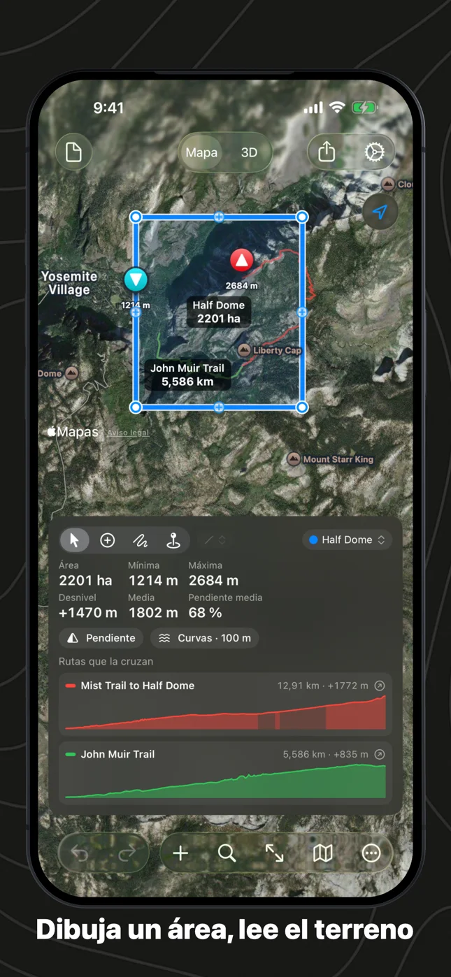 Geo Elevation en iPhone: el área de Half Dome cruzada por dos senderos
