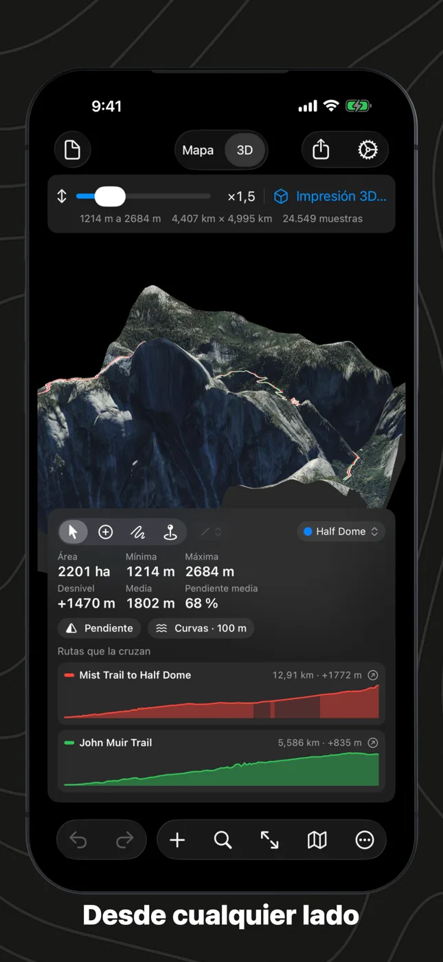 Geo Elevation en iPhone: Half Dome en 3D desde el noroeste