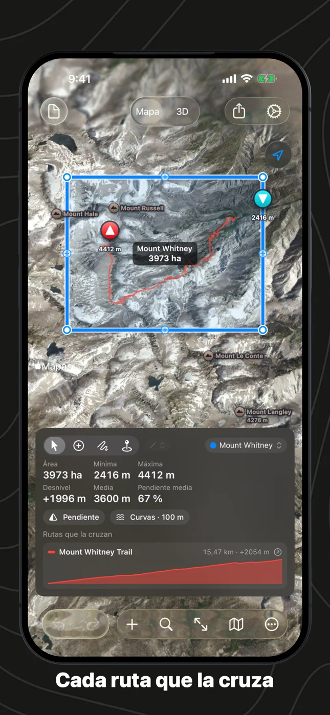 Geo Elevation en iPhone: el área del monte Whitney con su sendero