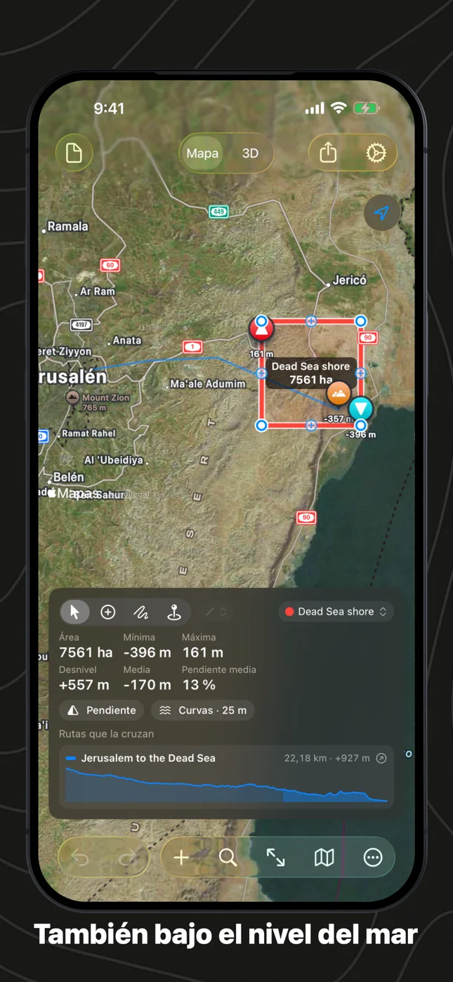 Geo Elevation en iPhone: de Jerusalén al mar Muerto, la orilla a 396 m bajo el nivel del mar