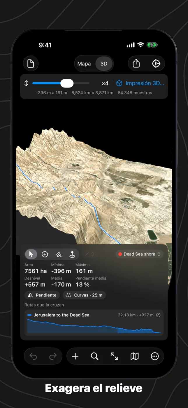 Geo Elevation en iPhone: la cuenca del mar Muerto en 3D