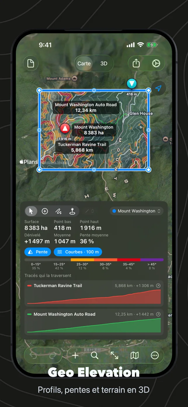 Geo Elevation sur iPhone : la surface du mont Washington avec pentes et courbes, ses chiffres et deux profils de sentier