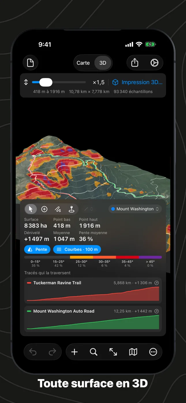 Geo Elevation sur iPhone : la surface du mont Washington en 3D avec pentes et courbes